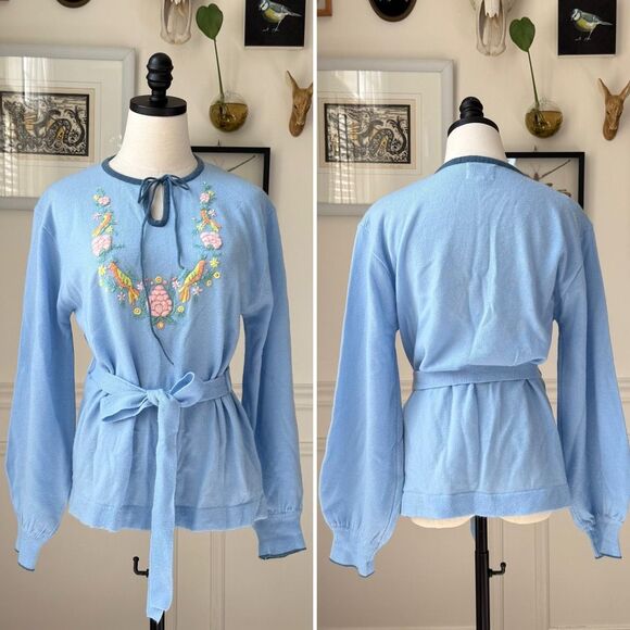 Vintage 70s CariKnits Belted Sweater Crewel Needlework M L - Picture 1 of 10